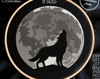 Realistic Moon and Wolf Embroidery Pattern 8 sizes (3"-10") Instant Download - Digital Machine Embroidery Design
