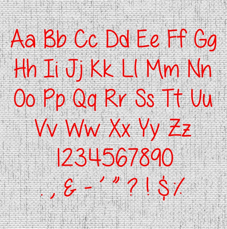 May include: Red handwritten alphabet letters, numbers, and symbols on a textured, off-white background. The letters are in uppercase and lowercase, with numbers 0-9 and symbols including a comma, ampersand, hyphen, apostrophe, quotation mark, question mark, exclamation point, dollar sign, and percent sign.