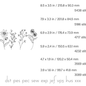 May include: Black and white floral embroidery designs with varying sizes and stitch counts. The designs include several types of flowers and foliage, with measurements ranging from 3.9 x 1.6 inches to 8.5 x 3.5 inches.