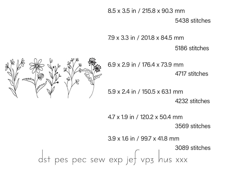May include: Black and white floral embroidery designs with varying sizes and stitch counts. The designs include several types of flowers and foliage, with measurements ranging from 3.9 x 1.6 inches to 8.5 x 3.5 inches.