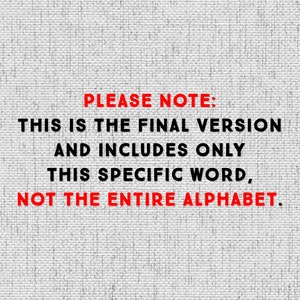 Op de afbeelding: Tekst op een getextureerde achtergrond: "LET OP: DIT IS DE DEFINITIEVE VERSIE EN BEVAT ALLEEN DIT SPECIFIEKE WOORD, NIET HET HELE ALFABET." De tekst is in zwart en rood.