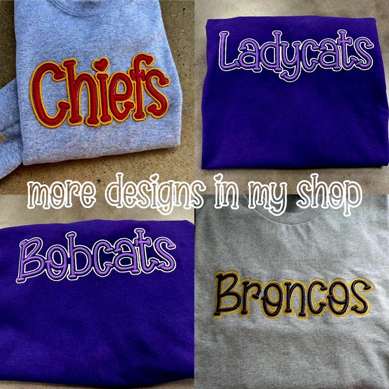 Puede incluir: Cuatro sudaderas con nombres de equipos bordados: "Chiefs", "Ladycats", "Bobcats" y "Broncos". Las sudaderas son grises y moradas. Tambi&eacute;n se ve el texto "more designs in my shop".