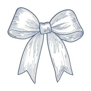 Puede incluir: Una ilustración dibujada a mano de un lazo azul y blanco. El lazo está atado en un nudo con dos colas largas.