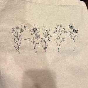 May include: Cream-colored tote bag featuring a black line drawing of five different floral stems. The flowers are in various stages of bloom, with detailed leaves and petals. The bag is made of a sturdy fabric.