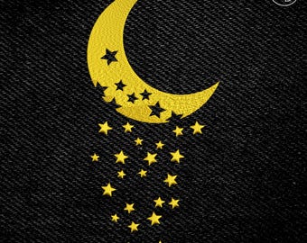 Moon and Stars Embroidery Pattern 8 sizes (3&quot;-10&quot;), Space embroidery for dark textile, Instant Download, Digital Machine Embroidery Design