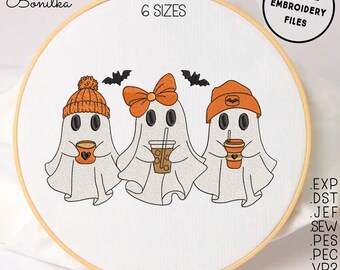 Spooky Ghost met koffie borduurontwerp, Ghosts Coffee Halloween-borduurontwerp, Ghost koffie drinken, machineborduurwerk