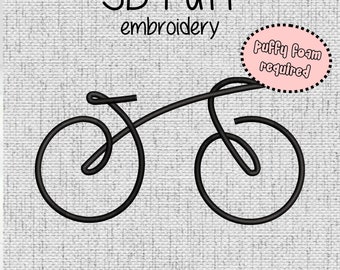 Bicycle 3D Puff Foam Embroidery Design 6 sizes (3" - 10" in width) Instant Download - Digital Machine Embroidery Pattern