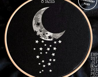 Moon and Stars Embroidery Pattern 8 sizes (3"-10")  Space embroidery for dark textile - Instant Download - Digital Machine Embroidery Design