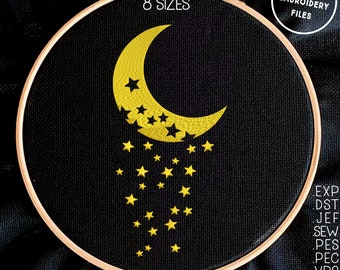 Moon and Stars Embroidery Pattern 8 sizes (3"-10"), Space embroidery for dark textile, Instant Download, Digital Machine Embroidery Design