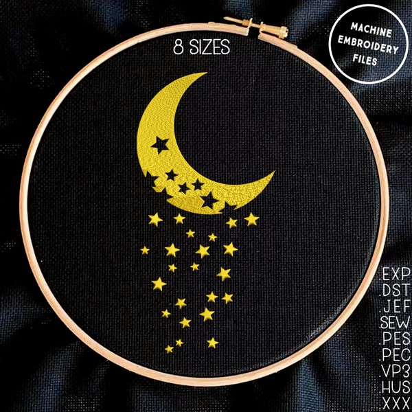 Moon and Stars Embroidery Pattern 8 sizes (3"-10"), Space embroidery for dark textile, Instant Download, Digital Machine Embroidery Design