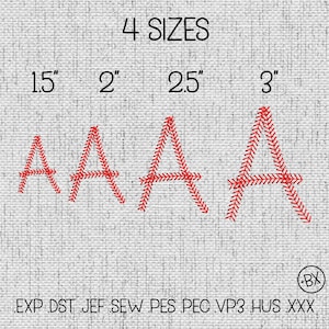 May include: Image features four red embroidered letter "A" designs in varying sizes: 1.5", 2", 2.5", and 3" on a textured, light gray background. The text "4 SIZES" is above the letters. Below are file format abbreviations: EXP, DST, JEF, SEW, PES, PEC, VP3, HUS, XXX.