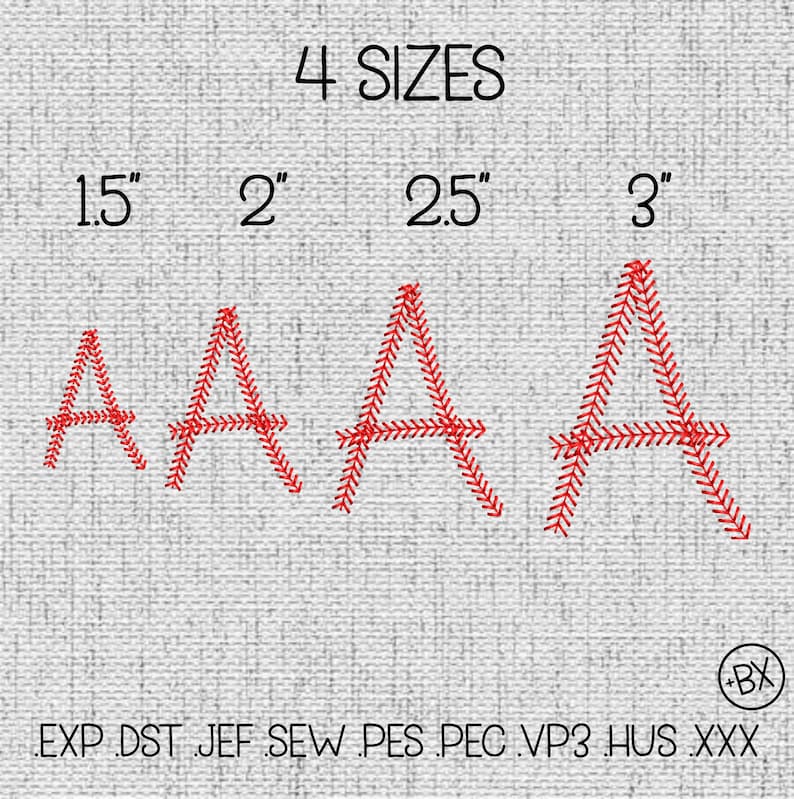 May include: Image features four red embroidered letter "A" designs in varying sizes: 1.5", 2", 2.5", and 3" on a textured, light gray background. The text "4 SIZES" is above the letters. Below are file format abbreviations: EXP, DST, JEF, SEW, PES, PEC, VP3, HUS, XXX.