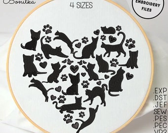 Cats Heart Shape Machine Embroidery, I Love Cats Embroidery Design, Love Cat Paw Embroidery, Cat Mom Embroidery