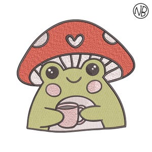 May include: An embroidered design of a green frog wearing a red mushroom hat with white polka dots and a heart. The frog is holding a pink teacup and saucer, with pink cheeks and a smiling expression.
