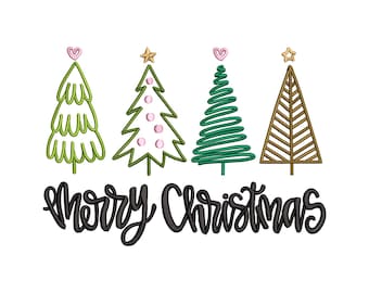 May include: A festive design featuring four Christmas trees in green and brown, each topped with a heart or star. The words "Merry Christmas" are written in a stylish, cursive font below the trees.