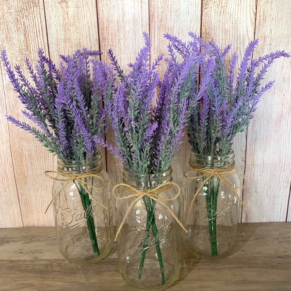 Lavender Mason Jar Centerpiece Purple Lavender Bouquet, Rustic Home Decor, Rustic Table decor Wedding decor