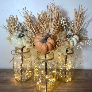 Fall Centerpiece Thanksgiving decor Fall Wedding Decor Pumpkin Fall decor Lighted Mason Jars
