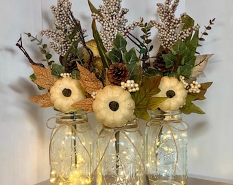 Fall Table Centerpiece Thanksgiving decor Fall Wedding Decor Pumpkin Fall decoration Lighted Mason Jar Centerpieces Autumn Decor
