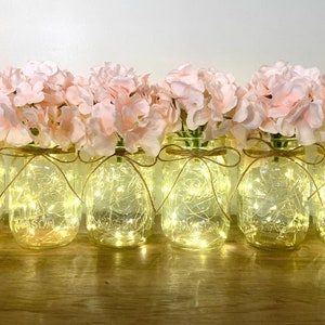 Fairy Light Mason Jar Centerpieces Blush Floral Wedding Table Centerpieces Rustic Farmhouse Wedding Decor Anniversary Party Decor, Set of 6