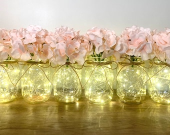 Fairy Light Mason Jar Centerpieces Blush Floral Wedding Table Centerpieces Rustic Farmhouse Wedding Decor Anniversary Party Decor, Set of 6