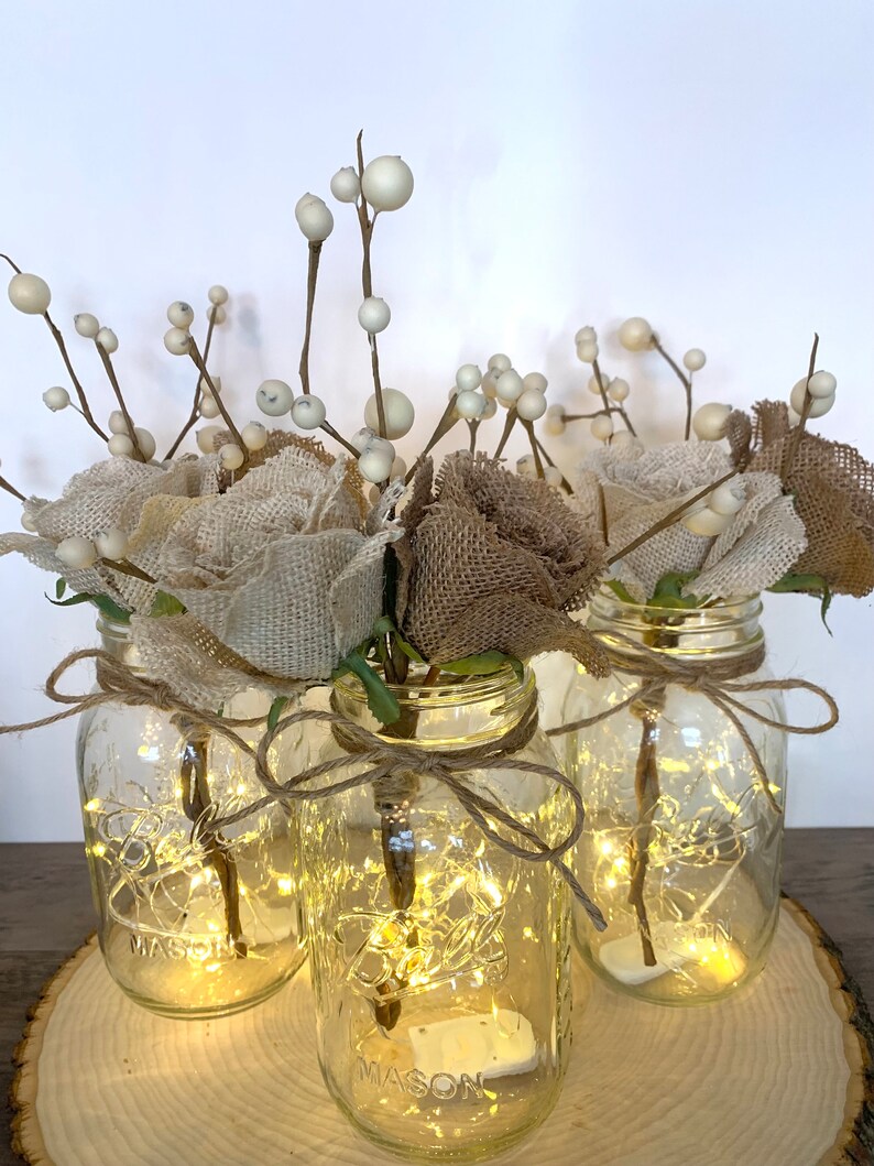 Mason Jar Centerpiece With Lights and Burlap Flowers Rustic Decor for Wedding Centerpieces