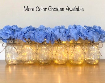 Blue Wedding Centerpieces Fairy Light Mason Jar Rustic Wedding Table Centerpieces for Farmhouse Wedding Decor Blue Party Decor, Set of 6