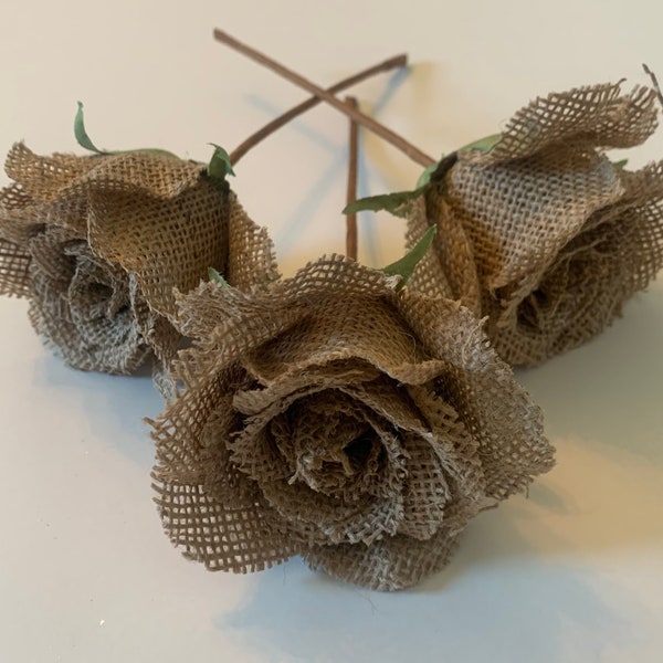 Burlap Rose with stem, Burlap Rose pick Wedding Decor Burlap Flowers Rustic Bridal Shower Decor