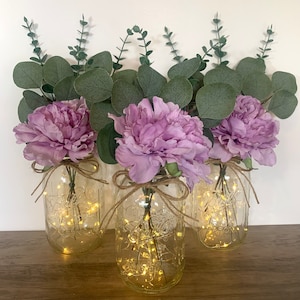 Lighted Mason Jar Wedding Centerpiece Rustic Wedding Decor Purple Floral Table Centerpiece, Farmhouse Decor, Event Centerpiece