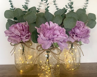 Lighted Mason Jar Wedding Centerpiece Rustic Wedding Decor Purple Floral Table Centerpiece, Farmhouse Decor, Event Centerpiece