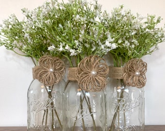 Mason Jar Centerpiece with Baby’s Breath, Rustic Decor for Wedding Farmhouse Mason Jar Decor