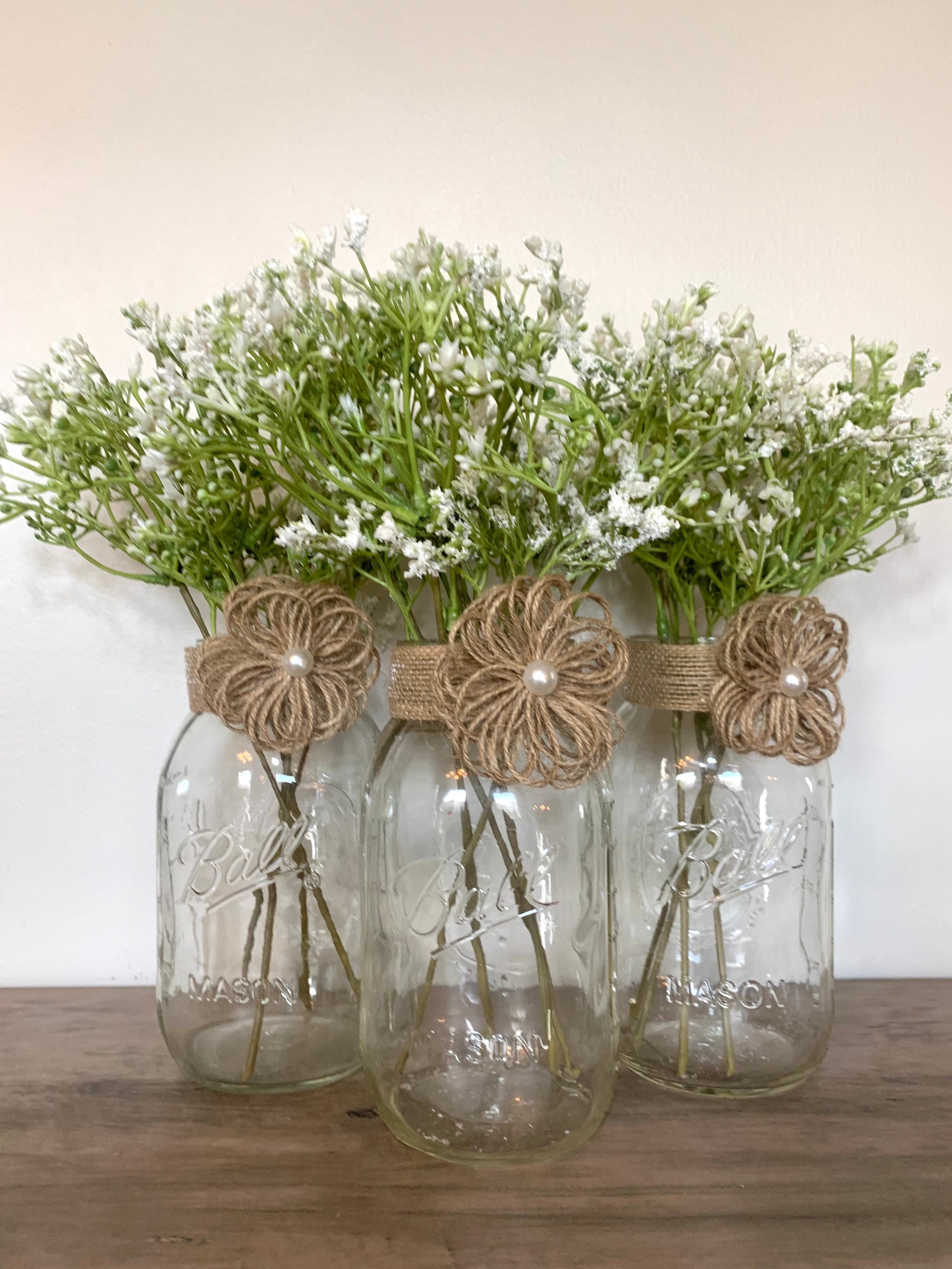 Glass bottle jar *Burlap ribbon & greenery *Wedding baby shower kitchen  table centerpiece vase