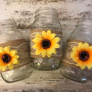Rustic Burlap and Sunflower Mason Jar Sleeves  Fall Wedding Centerpieces Sunflower Bridal Shower Decorations, Jars not Included