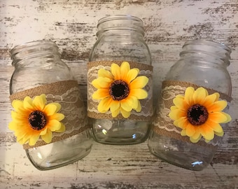 Rustic Burlap and Sunflower Mason Jar Sleeves  Fall Wedding Centerpieces Sunflower Bridal Shower Decorations, Jars not Included