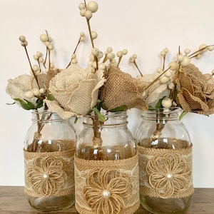 Burlap Flower Mason Jar Centerpiece, Rustic Wedding Centerpieces Rustic Home Decor Farmhouse decor