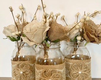 Burlap Flower Mason Jar Centerpiece, Rustic Wedding Centerpieces Rustic Home Decor Farmhouse decor