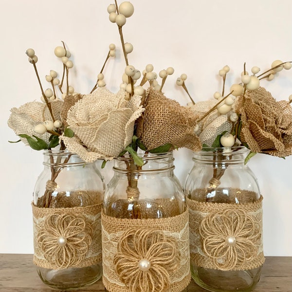 Burlap Flower Mason Jar Centerpiece, Rustic Wedding Centerpieces Rustic Home Decor Farmhouse decor