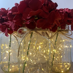 May include: Three clear glass mason jars with burgundy flowers and white fairy lights inside. The jars are tied with twine around the top.