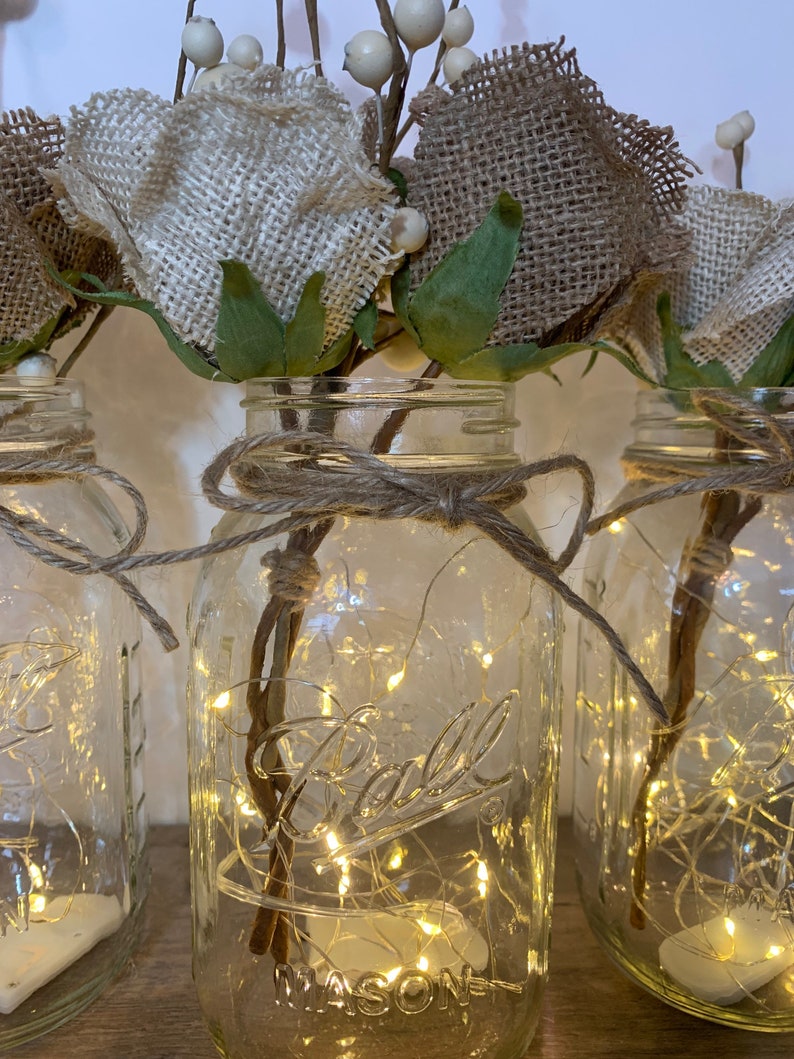 Mason Jar Centerpiece With Lights and Burlap Flowers Rustic Etsy