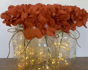 Lighted Fall Wedding Mason Jar Centerpiece, Boho Orange Wedding Centerpieces, Table Centerpiece, Rustic Mason Jar Decor, Bridal Shower Decor