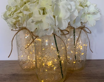 Lighted Ivory Mason Jar Centerpiece Ivory Wedding Centerpieces, Wedding Table Decor Bridal Shower Centerpiece