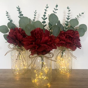 Burgundy Floral Table Centerpiece, Lighted Mason Jar Wedding Centerpieces Farmhouse Table Decor