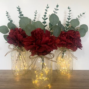 Burgundy Floral Table Centerpiece, Lighted Mason Jar Wedding Centerpieces Party Table Decor, Burgundy Wedding Decor, Bridal Shower Decor