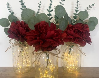 Burgundy Floral Table Centerpiece, Lighted Mason Jar Wedding Centerpieces Party Table Decor, Burgundy Wedding Decor, Bridal Shower Decor