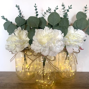 Lighted Mason Jar Wedding Centerpieces, White Floral Table Centerpiece Bridal Shower Centerpiece