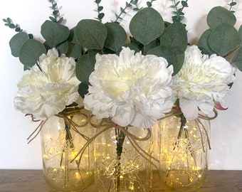 Lighted Mason Jar Wedding Centerpieces, White Floral Table Centerpiece Bridal Shower Centerpiece