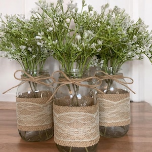 Mason Jar Wedding Centerpiece Baby’s Breath Centerpiece Decor for Rustic Wedding Farmhouse Table decor Babies Breath Burlap Mason Jar Decor