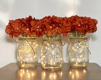 Centres de table de mariage d'automne, décoration de mariage illuminée, pot Mason, pièce maîtresse d'événement orange bohème, décoration de douche nuptiale d'automne pour réception de mariage