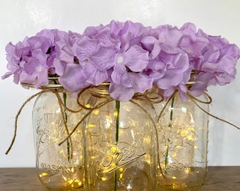 Lighted Mason Jar Table Centerpiece Purple Wedding Centerpieces, Bridal Shower Centerpiece, Baby Shower Decor