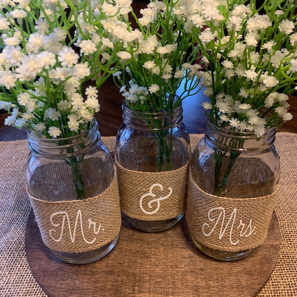 Mr. & Mrs. Burlap Mason Jars Wedding Reception Centerpiece for Rustic Farmhouse Wedding Table Decor