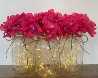 Hot Pink Lighted Mason Jar Centerpiece, Wedding Centerpieces, Hot Pink Bridal Shower Decor, Pink Wedding Table Decor